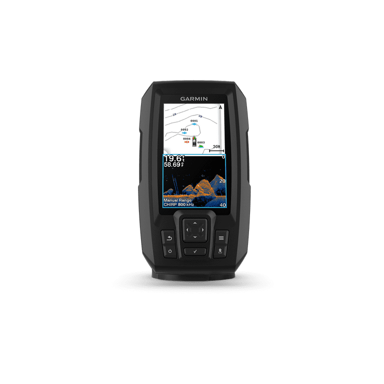 Garmin Striker Vivid 4cv fish finder showing chart and sonar views