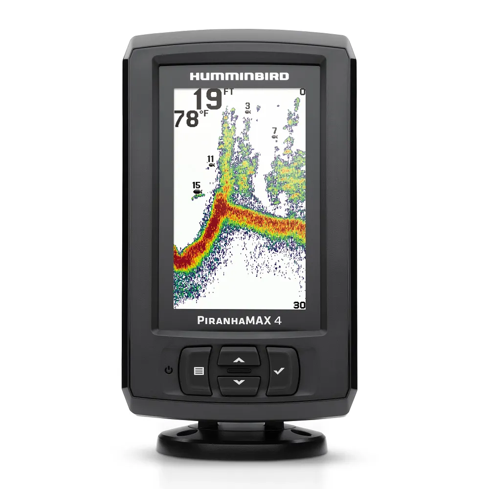 Humminbird PiranhaMAX 4 fish finder on its mounting base