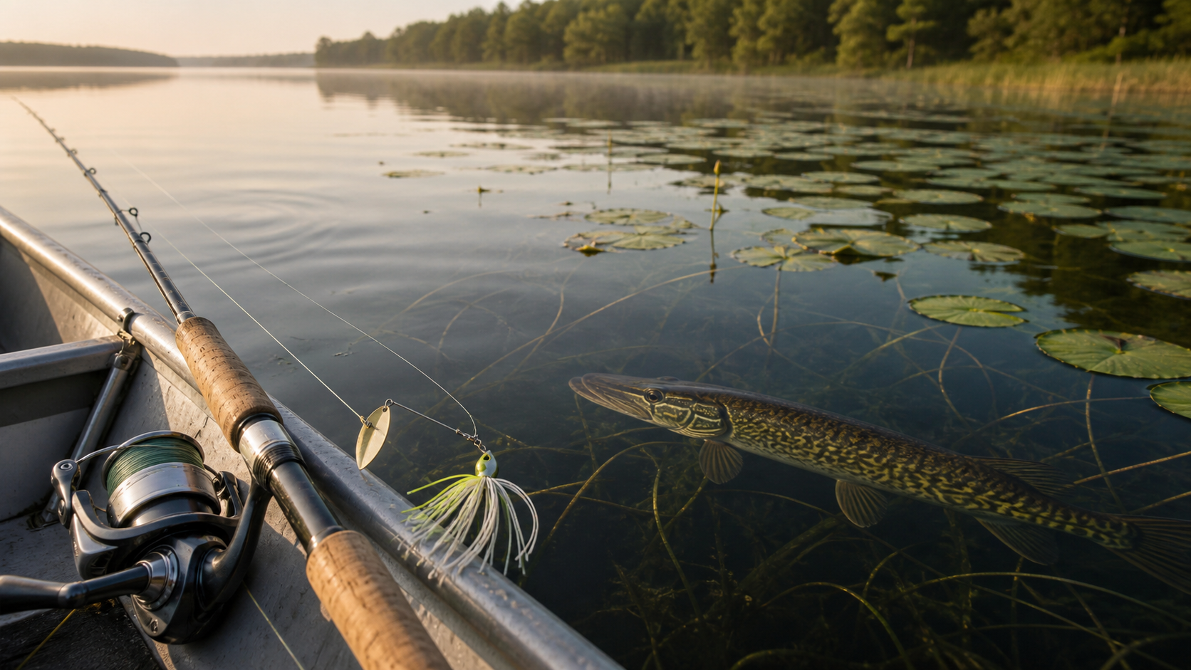 Spinning rod and spinnerbait beside a chain pickerel in a weedy lake